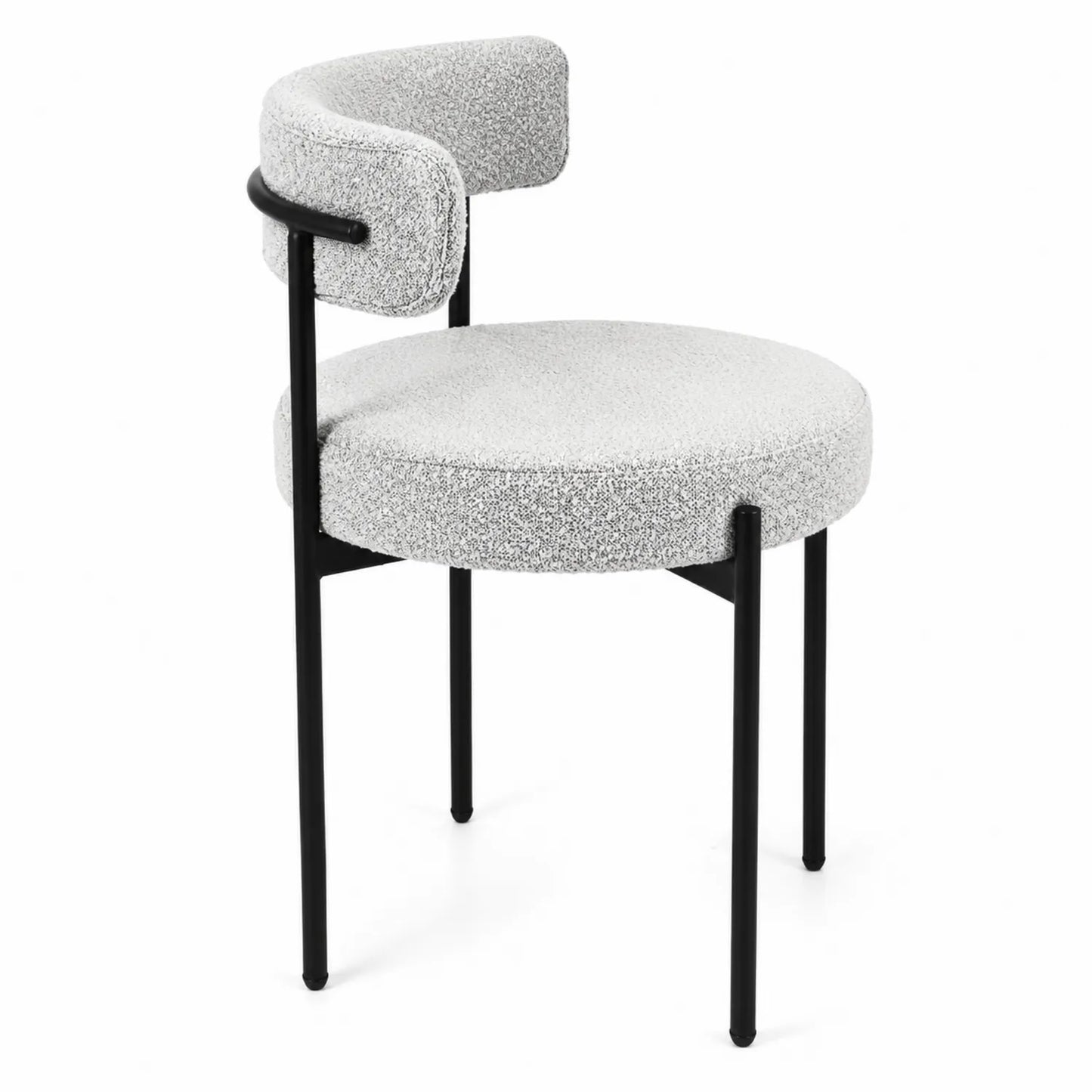 Chaise en tissu bouclé gris clair avec cadre en métal noir