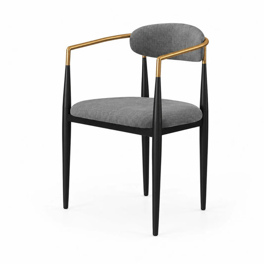 Chaise en métal avec tissu polyester gris et accoudoirs en laiton