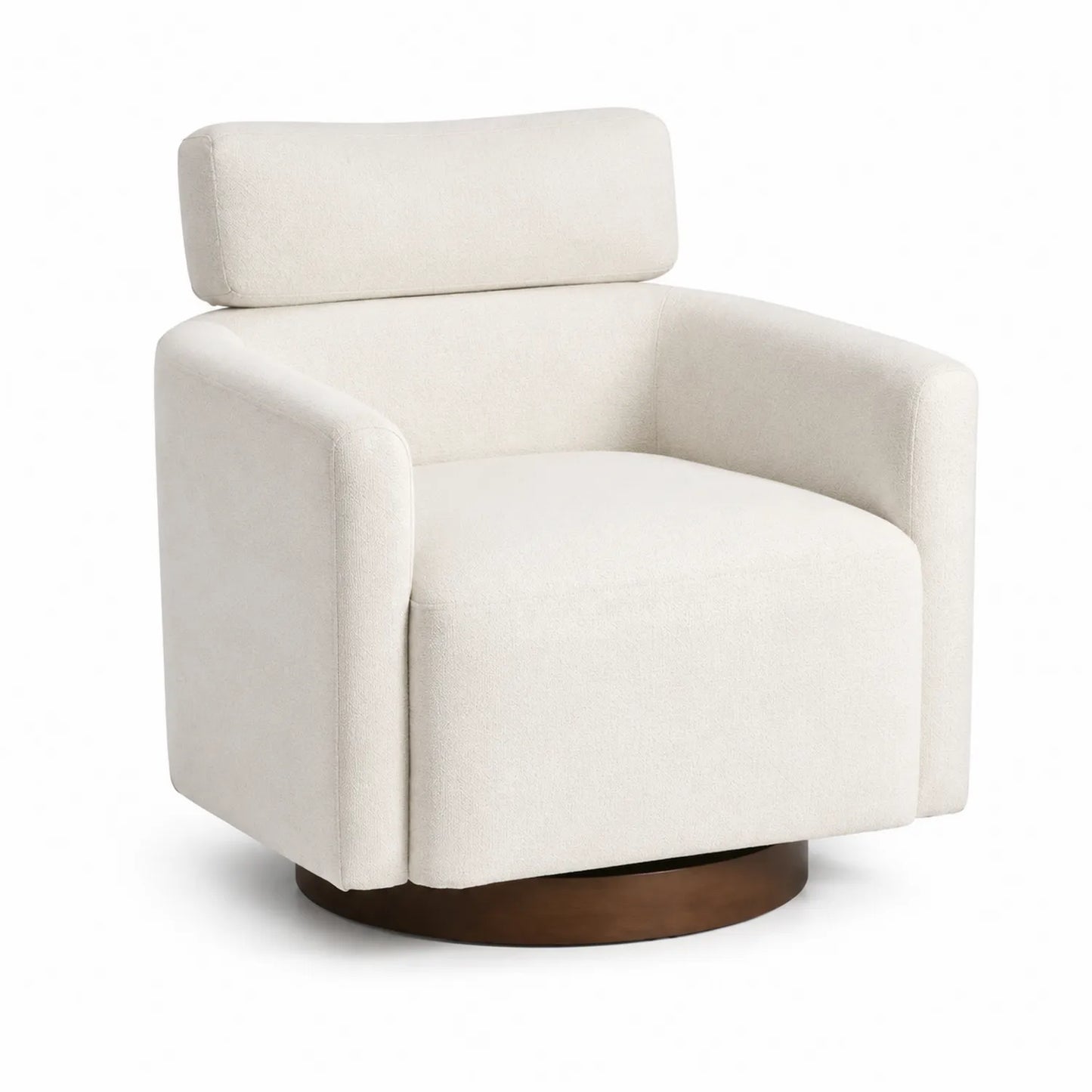 Fauteuil pivotant en polyester beige avec base en bois