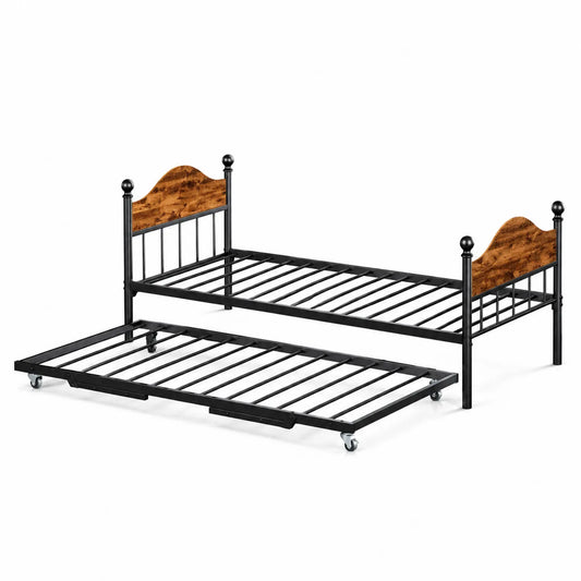 Lit gigogne en métal noir avec tête de lit en bois et cadre rétractable