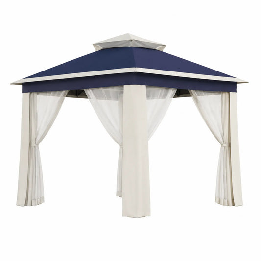 Tonnelle de Jardin en Métal et Polyester Bleu et Blanc avec Rideaux 3x3m