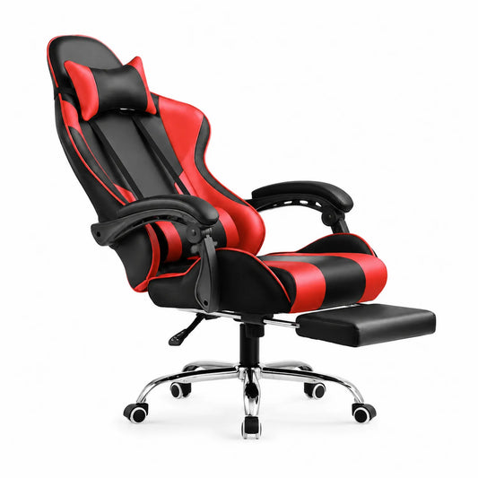Chaise de bureau en cuir PU Rouge et Noir avec repose-pieds