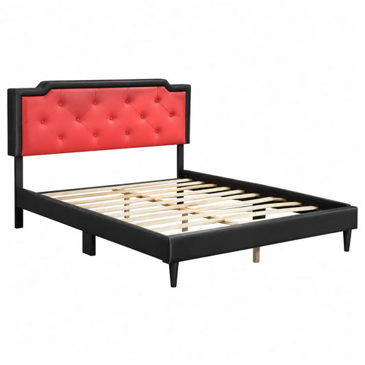 Lit double en métal avec tête de lit en simili cuir Rouge et cadre Noir 140x200 cm